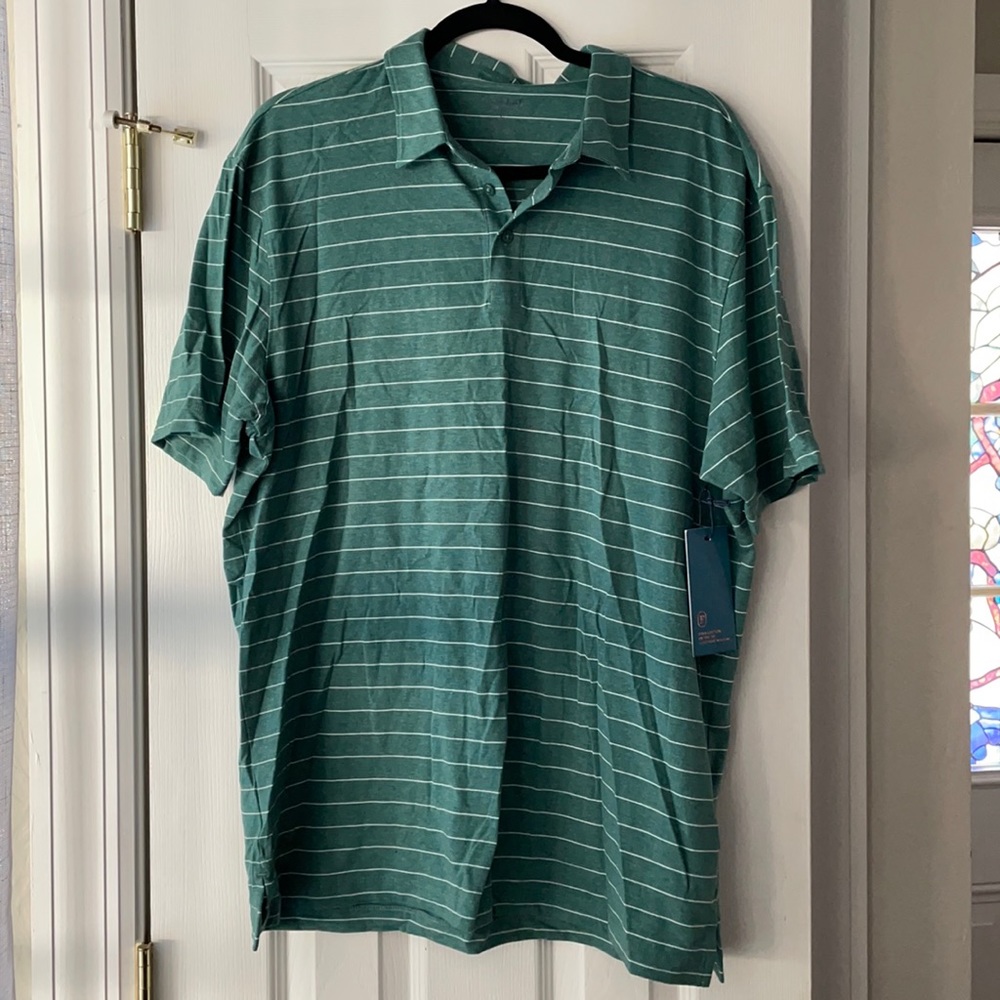 Men’s green and white striped polo